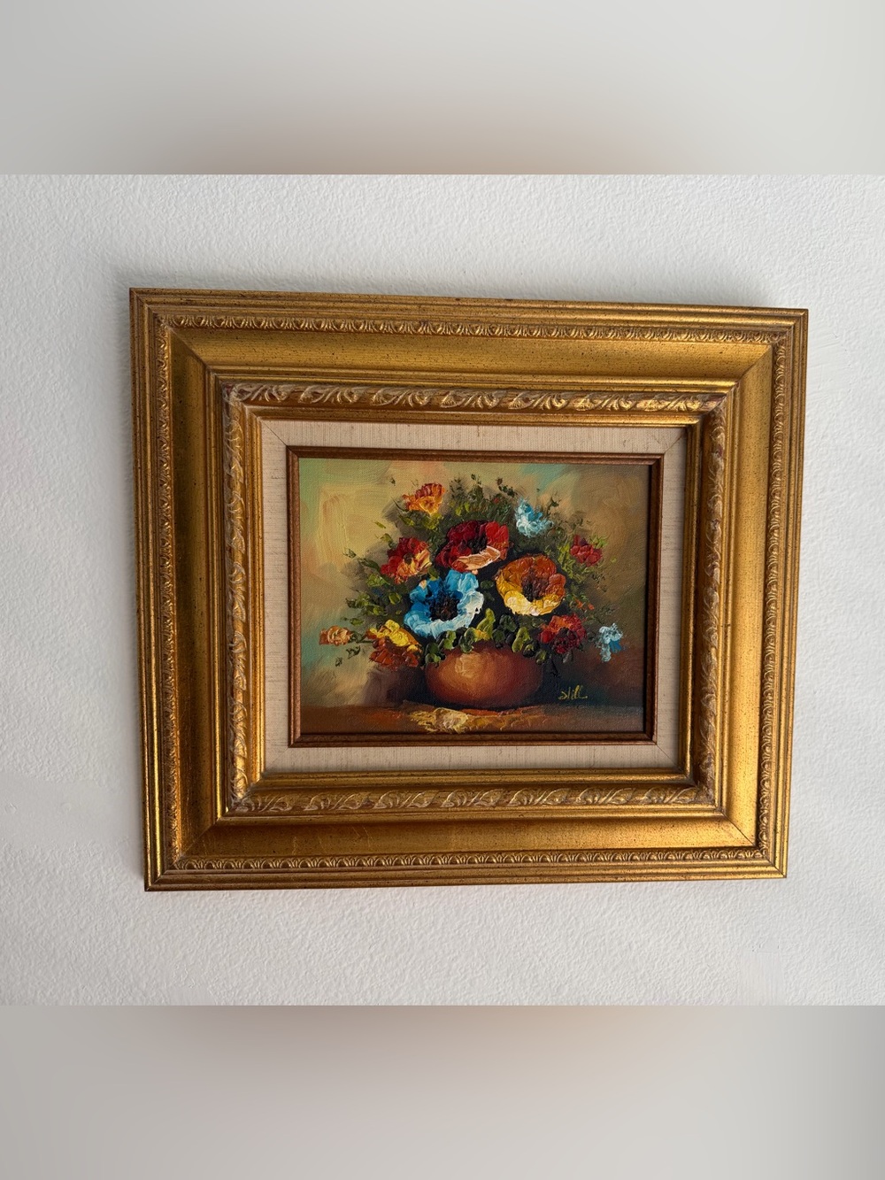 Original Art Painting Framed Floral Still Life Wall Decor 18”x16”